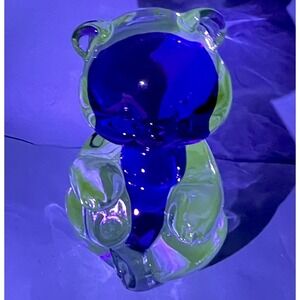Rare Fenton Clear Over Cobalt Sitting Bear Figurine Manganese UV Glow VTG READ